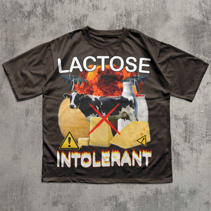 T-shirt with lactose intolerance graphic on a textured gray background