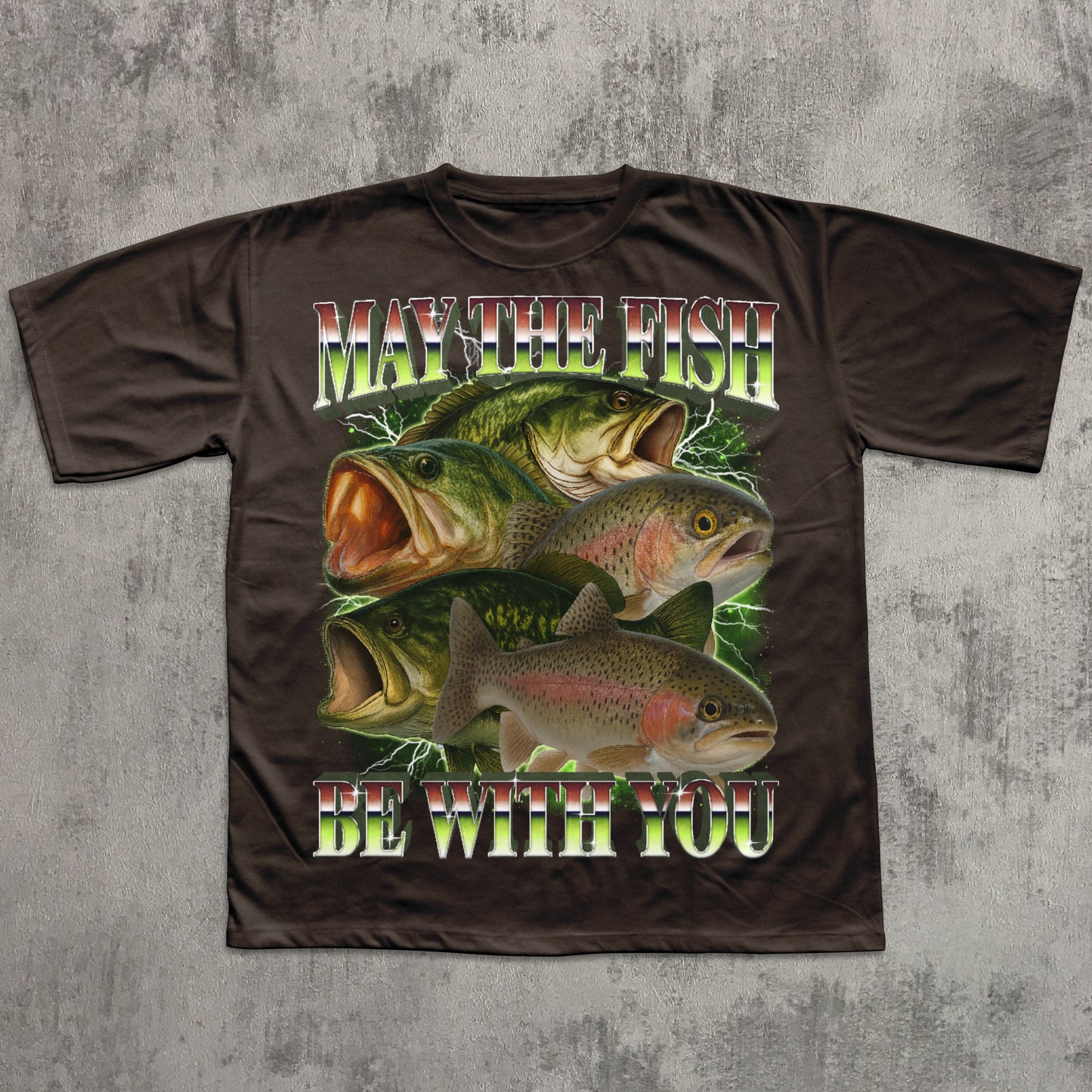Brown t-shirt with fish graphic and text on a textured gray background