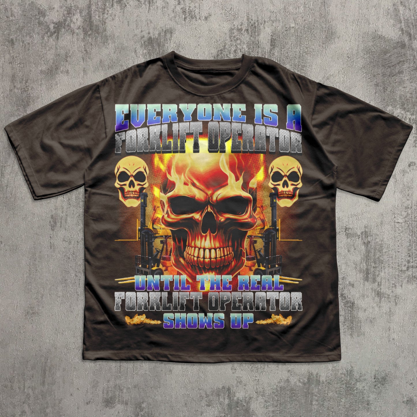 T-shirt with a skull design and text on a gray background