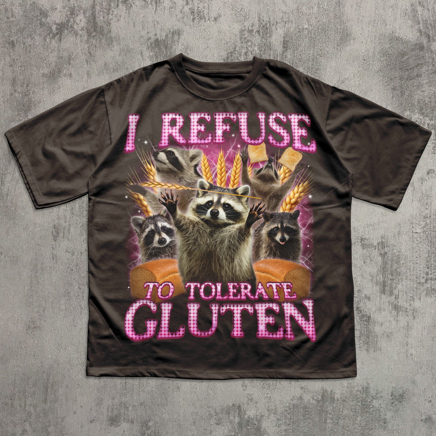 Brown Gluten intolerance graphic tee featuring raccoons and humorous gluten-free quote