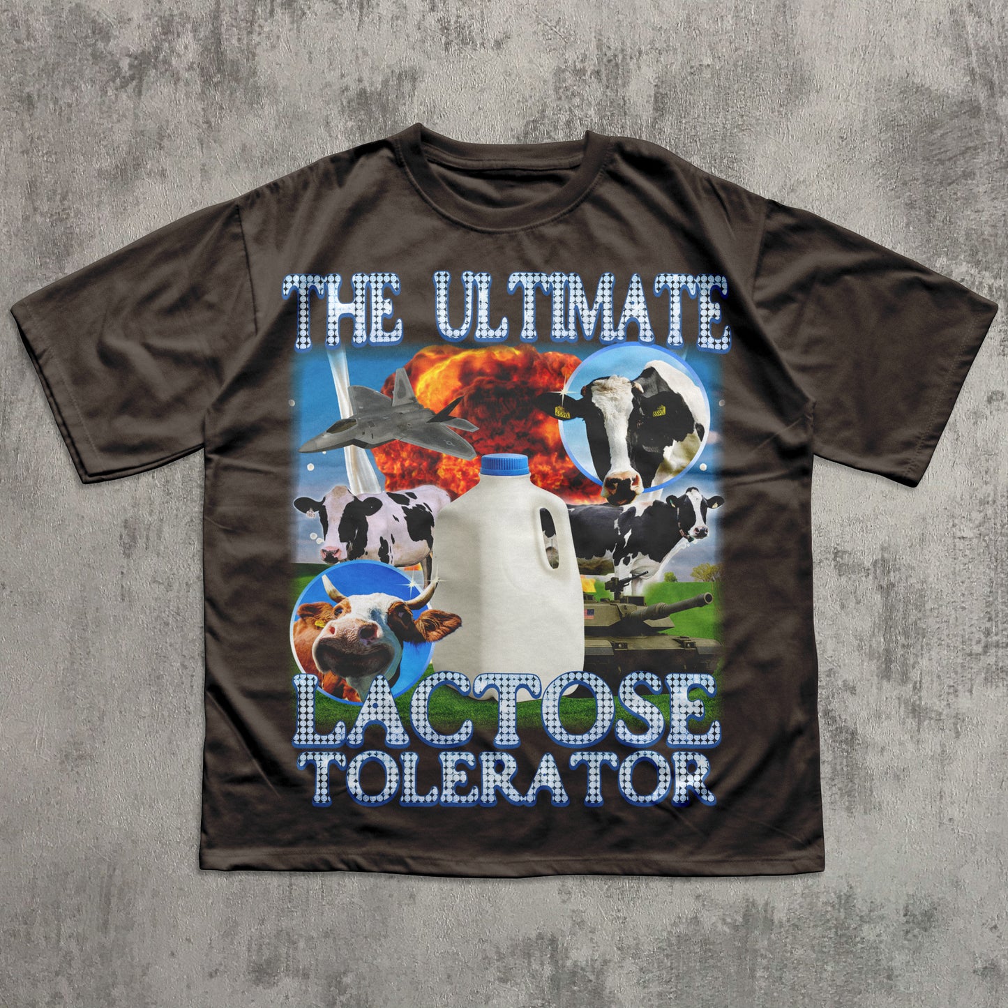 Brown t-shirt with dairy-themed graphic and text on a concrete surface