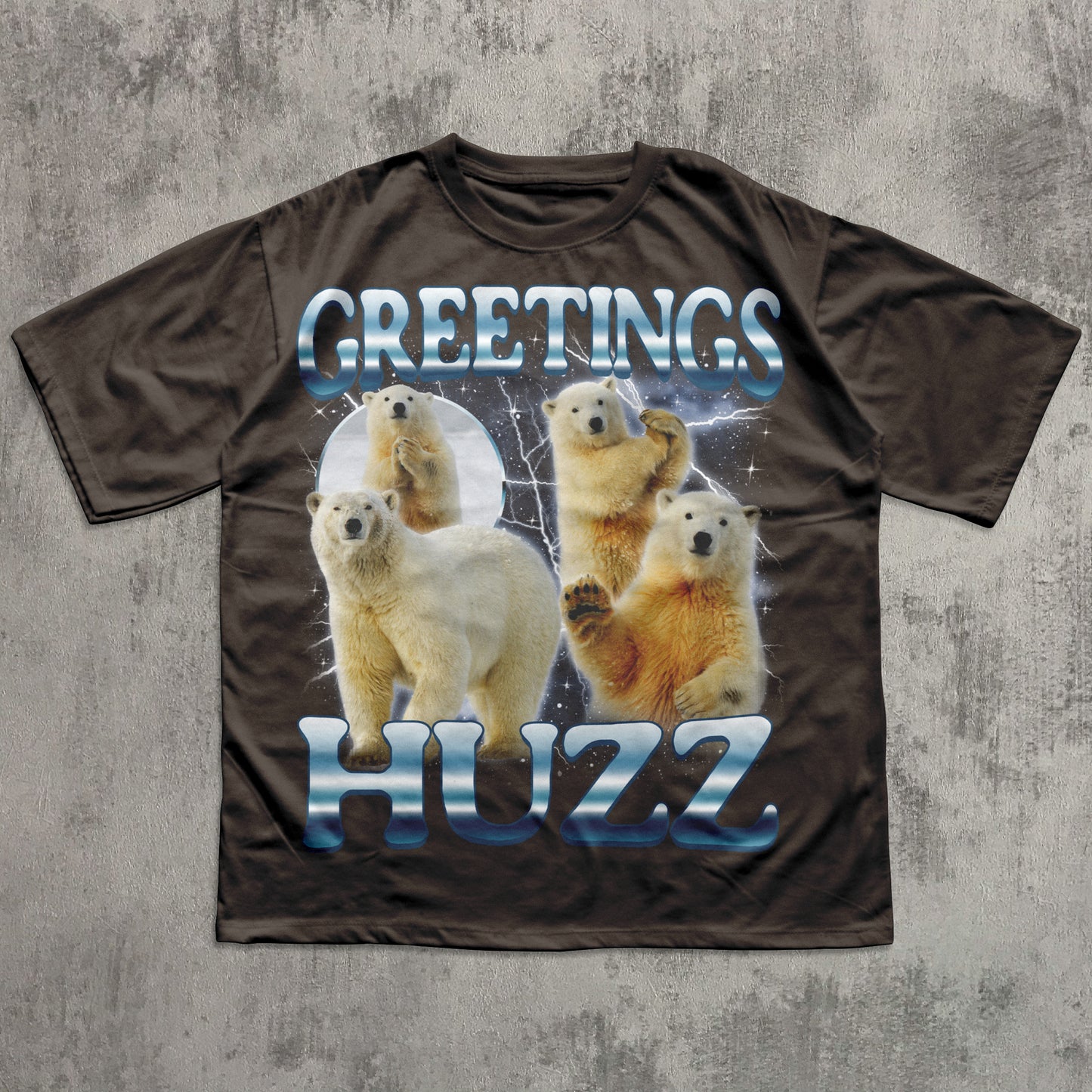 T-shirt with polar bear design and text 'Greetings HUZZ' on a textured gray background