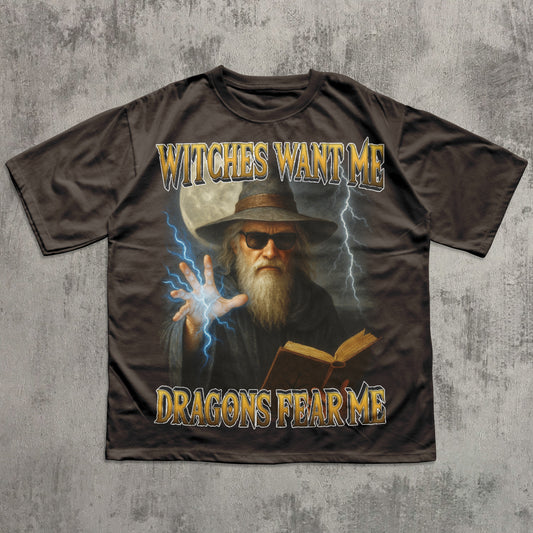 Witches Want Me Dragons Fear Me Funny Dark Fantasy Wizard T-shirt, 90s Retro Dragon Shirt