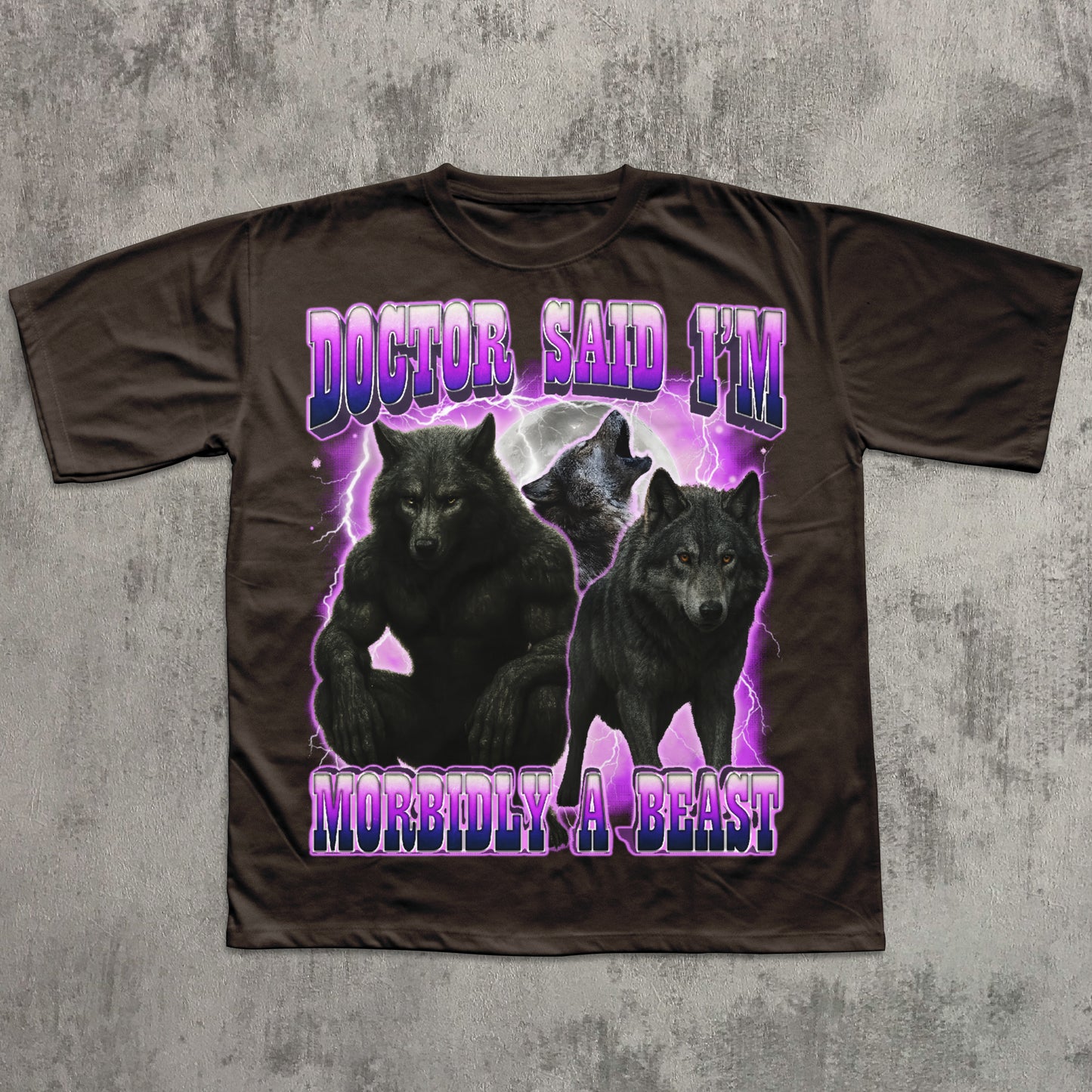 Brown Funny wolf graphic T-shirt with muscular wolf artwork, purple lightning background, and meme text ‘Doctor said I’m morbidly a beast.’ Novelty wolf shirt for fans of gothic, fantasy, or meme apparel.