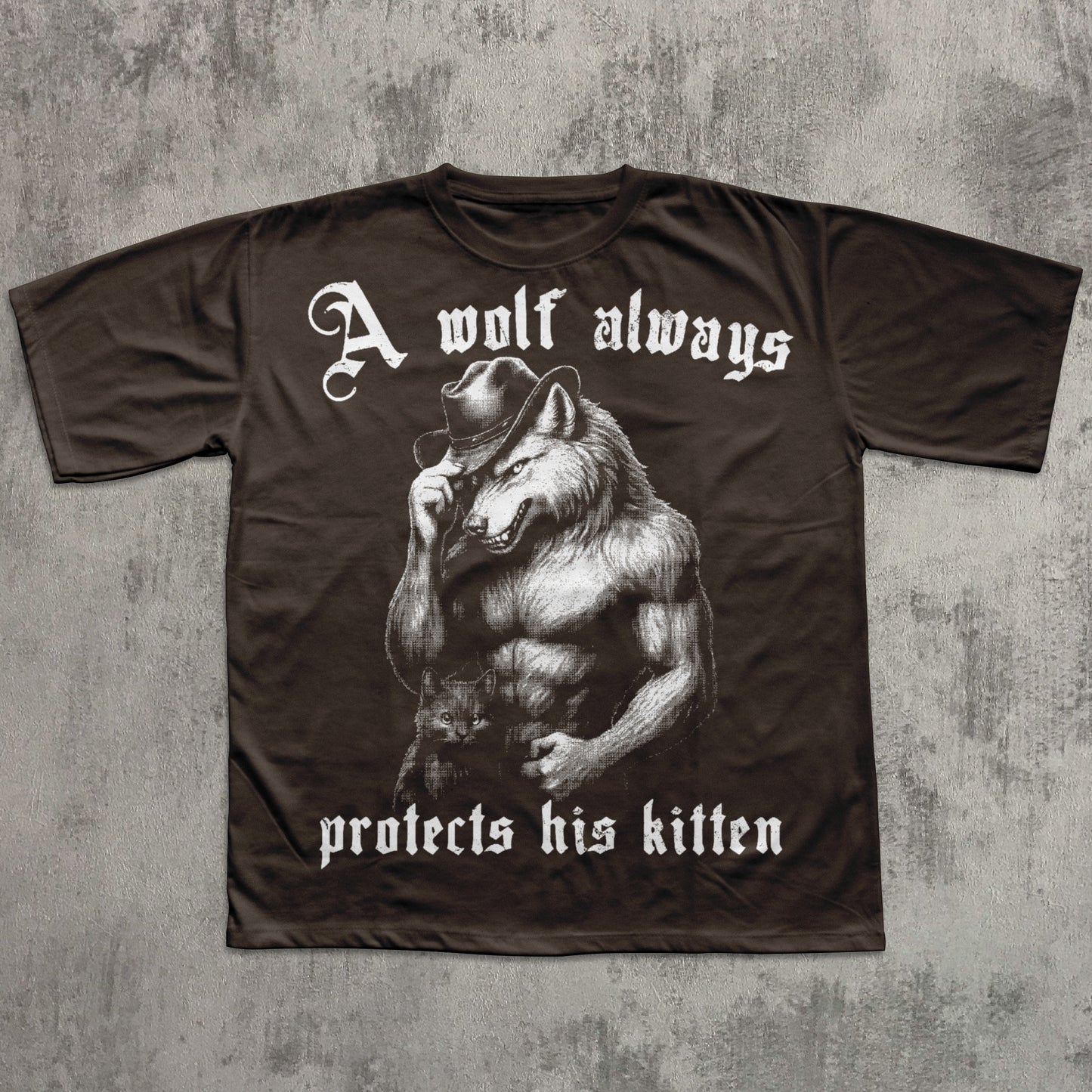 Brown t-shirt with a graphic of a wolf wearing a cowboy hat and text on a textured gray background
