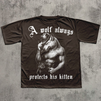 Brown t-shirt with a graphic of a wolf wearing a cowboy hat and text on a textured gray background