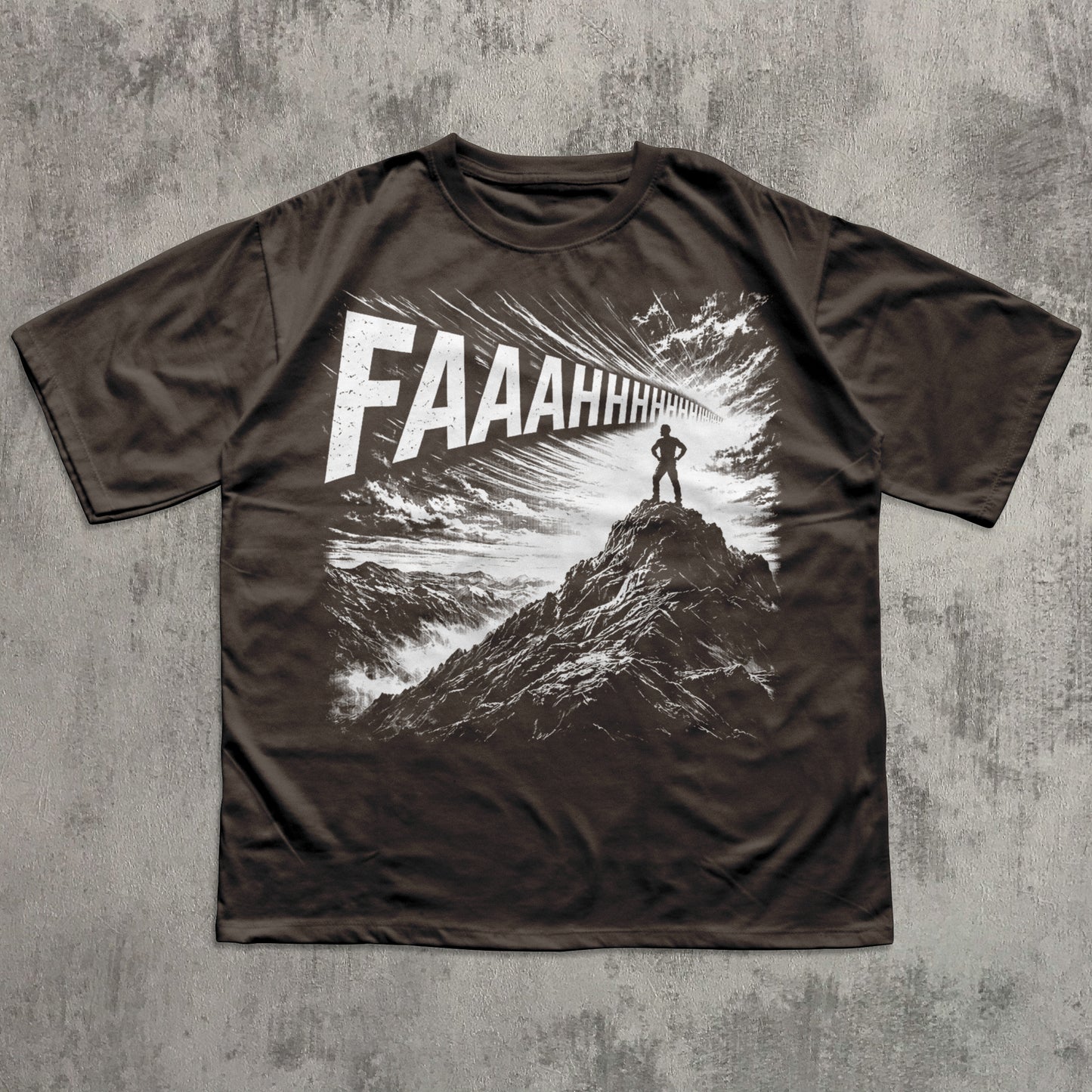 Brown t-shirt with graphic design and 'FAAAHHH' text on a textured gray background