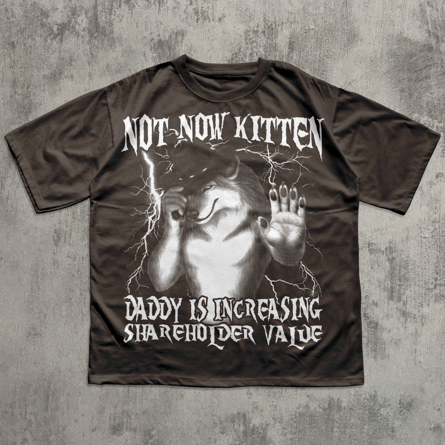 T-shirt with graphic design and text on a textured gray background