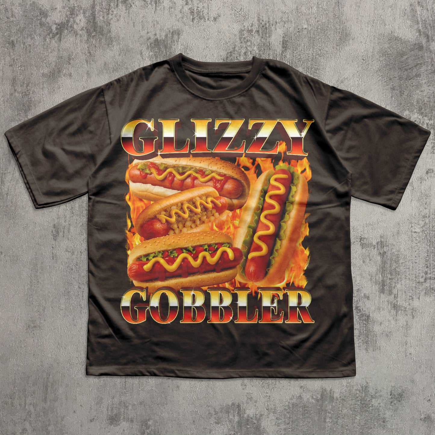 Black t-shirt with a graphic of hot dogs and the text 'Glizzy Gobbler' on a textured gray background.