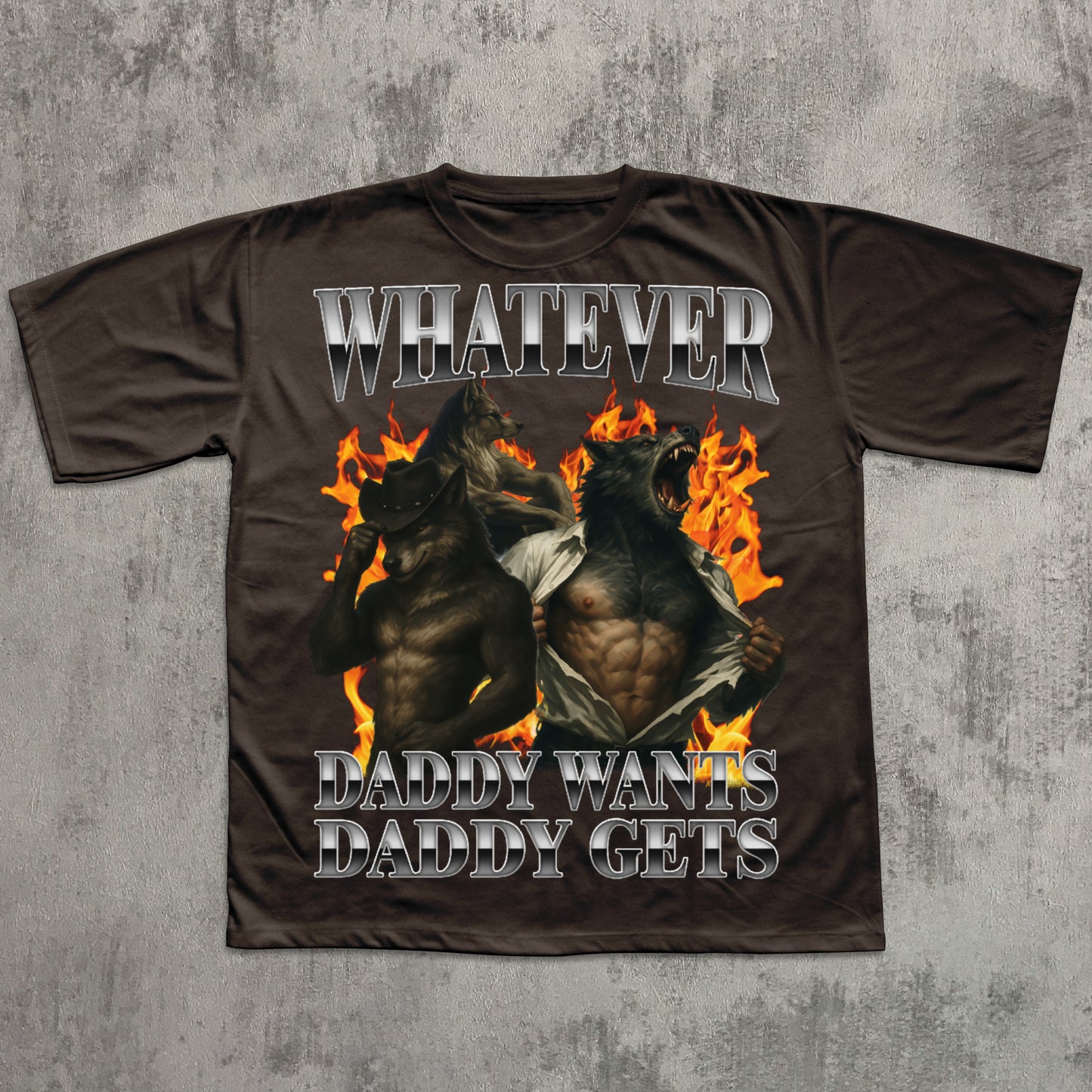 Brown t-shirt with graphic design of two muscular figures in flames and text on a gray textured background