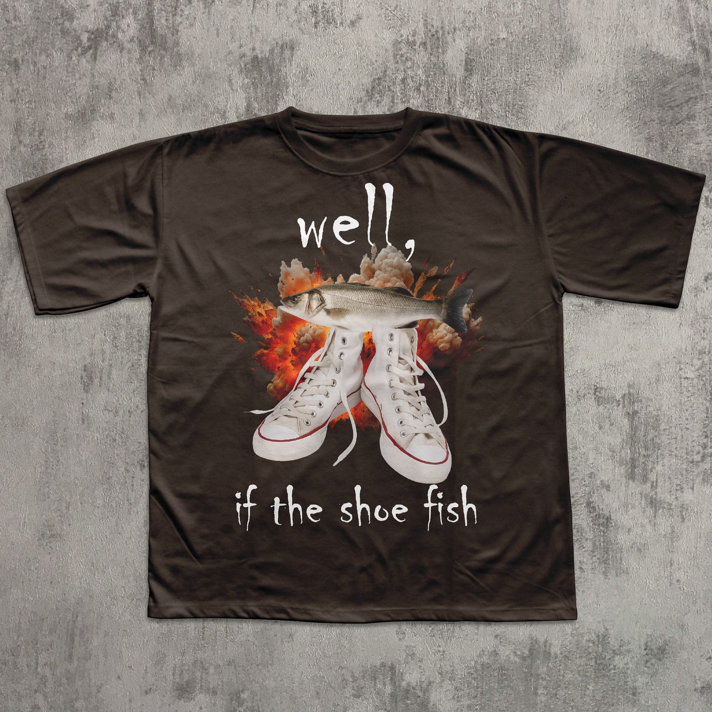 Brown t-shirt with graphic design and text on a textured gray background