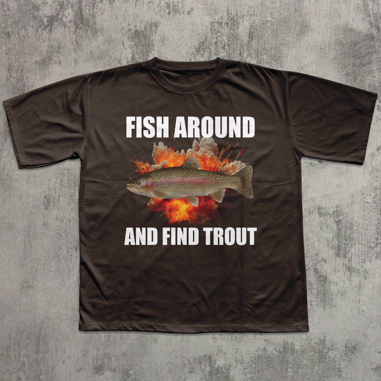 Brown t-shirt with a fish graphic and text on a textured gray background
