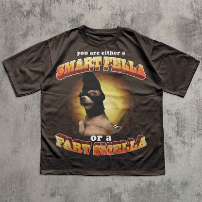 Brown t-shirt with a graphic of a dog and text on a gray textured background