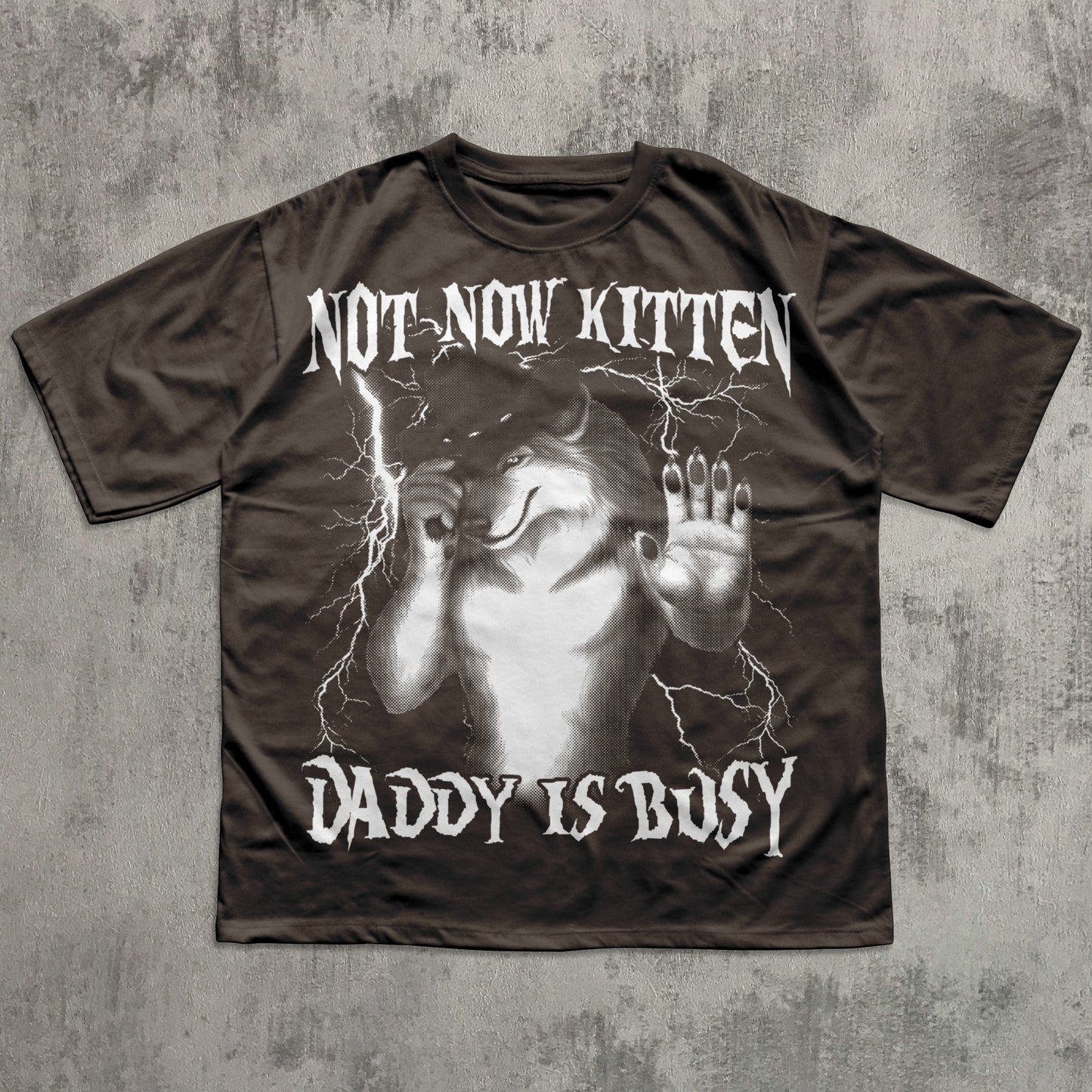 Funny T-shirt with graphic design and text on a textured gray background