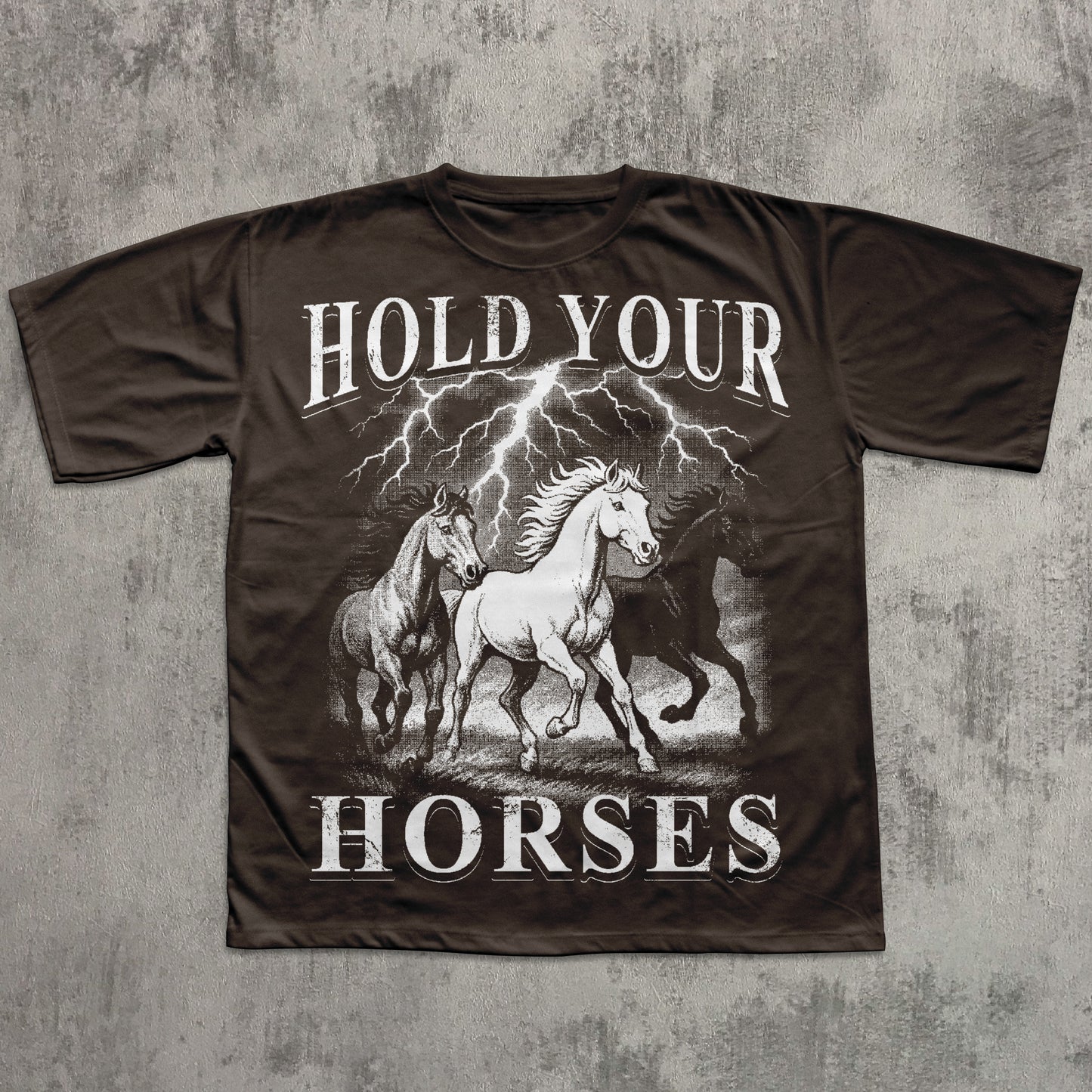 Brown t-shirt with graphic of horses and text 'Hold Your Horses' on a textured gray background