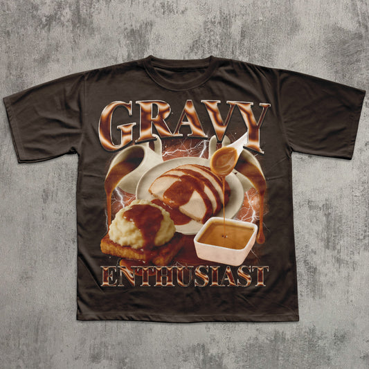 T-shirt with 'Gravy Enthusiast' graphic design on a textured gray background