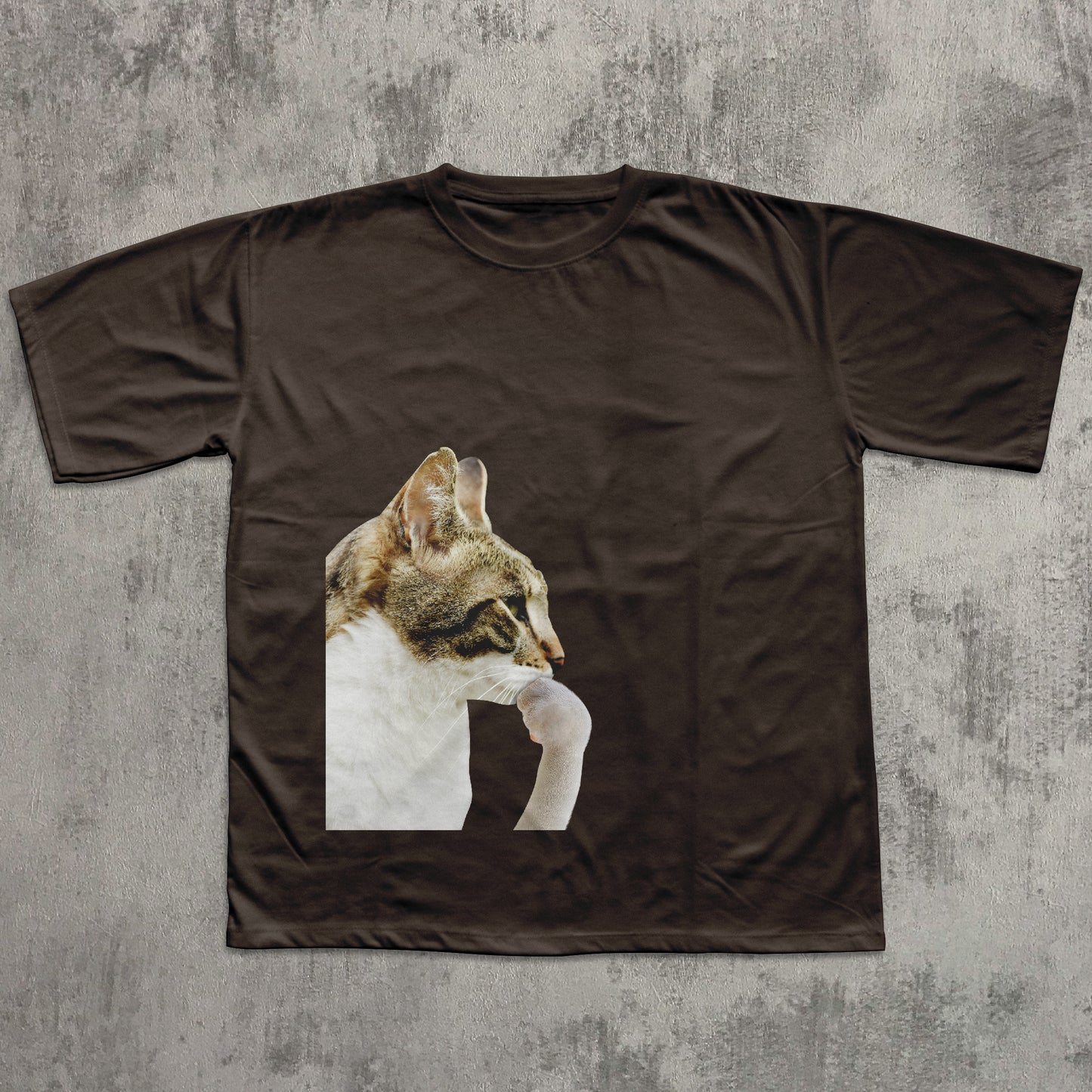 Brown t-shirt with a cat graphic on a textured gray background