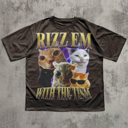 Rizz Em With The Tism Vintage Graphic Tee, Retro 90s Funny Cat Meme Shirt, Weird Shirts