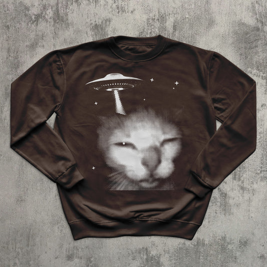 Funny Cat Alien Invasion Graphic Sweatshirt, Y2k Retro Sweater, Ugly Sweaters, Weird Cats Top
