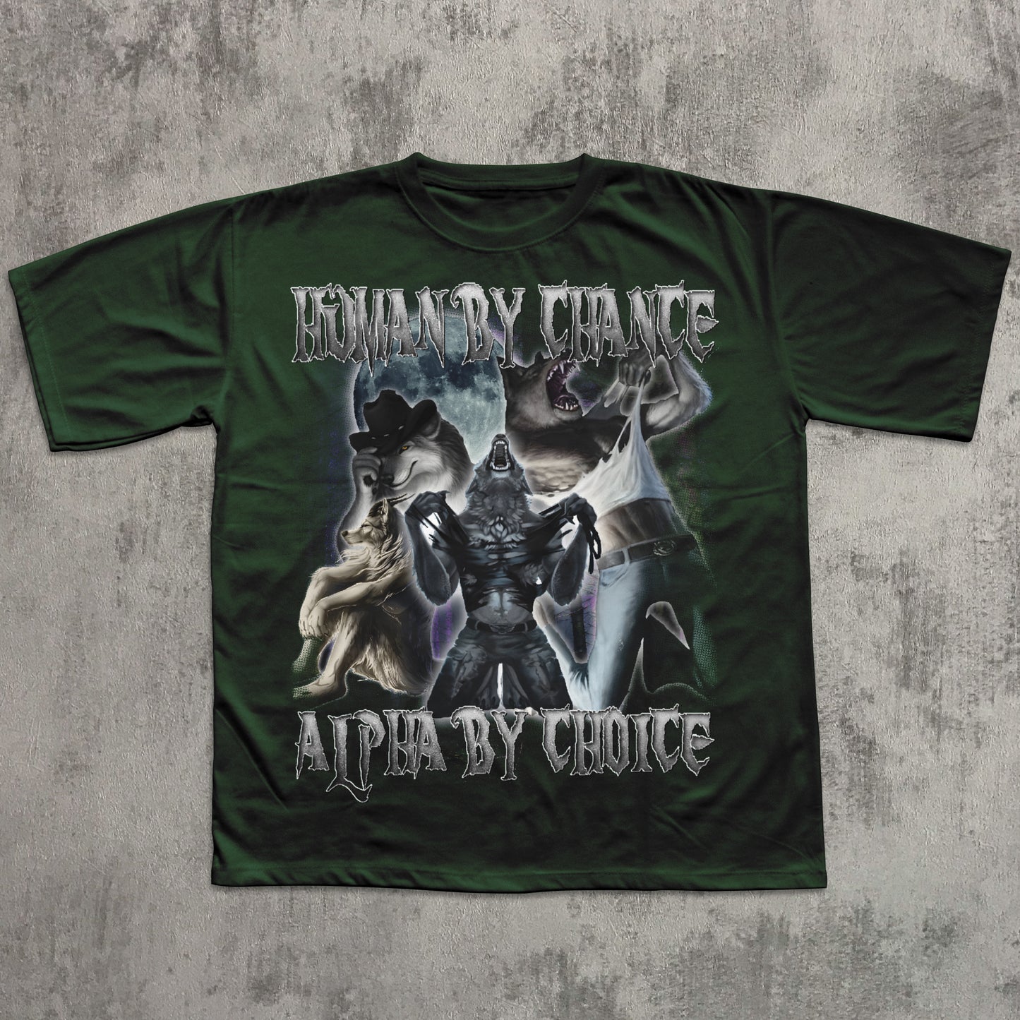 Green t-shirt with graphic design and text on a textured gray background