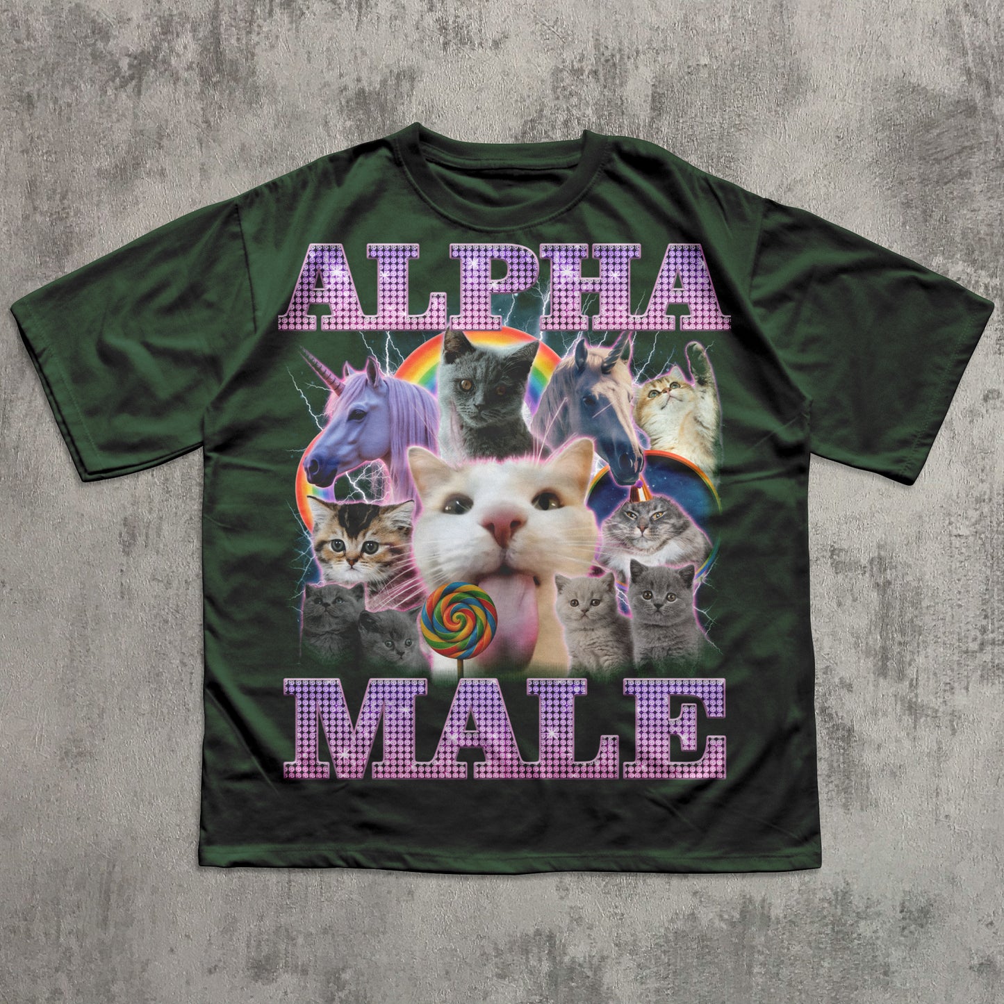Cat lover Alpha Male T-shirt with cute kitten graphics, unicorns, and colorful fantasy artwork on a green shirt