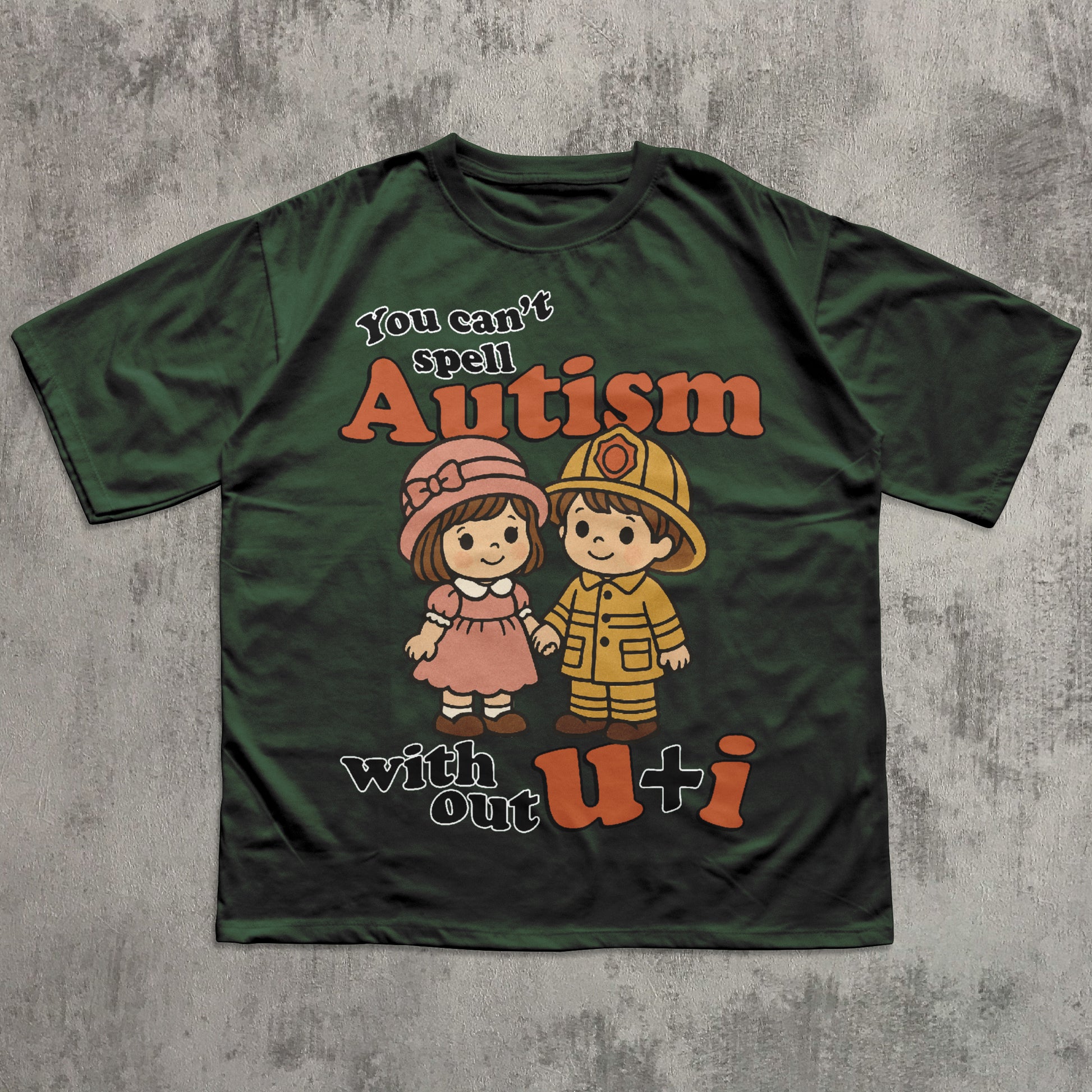 Green t-shirt with cartoon characters and text on a textured gray background