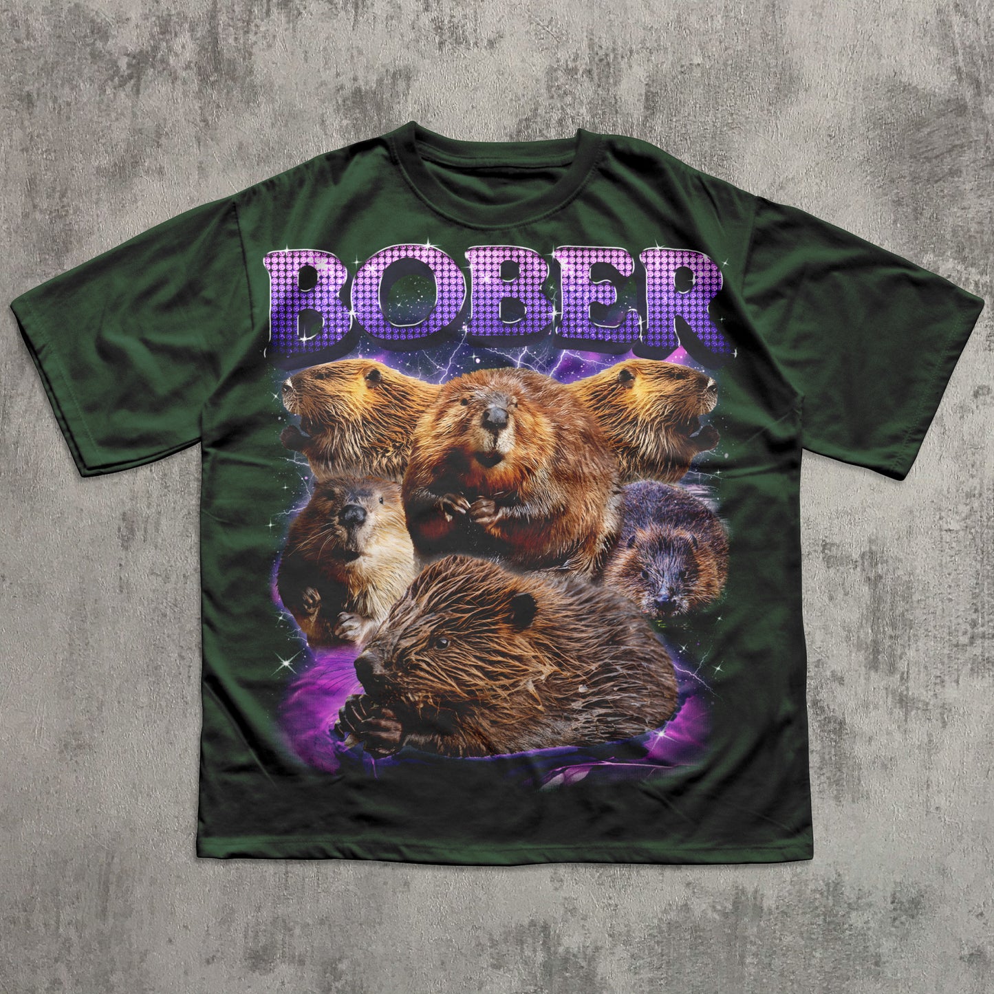 Green t-shirt with beaver design and 'BOBER' text on a textured gray background