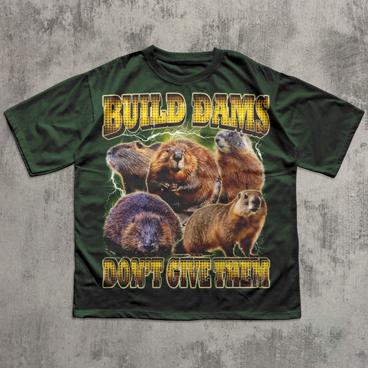 Beaver-themed slogan T-shirt with bold yellow lettering.