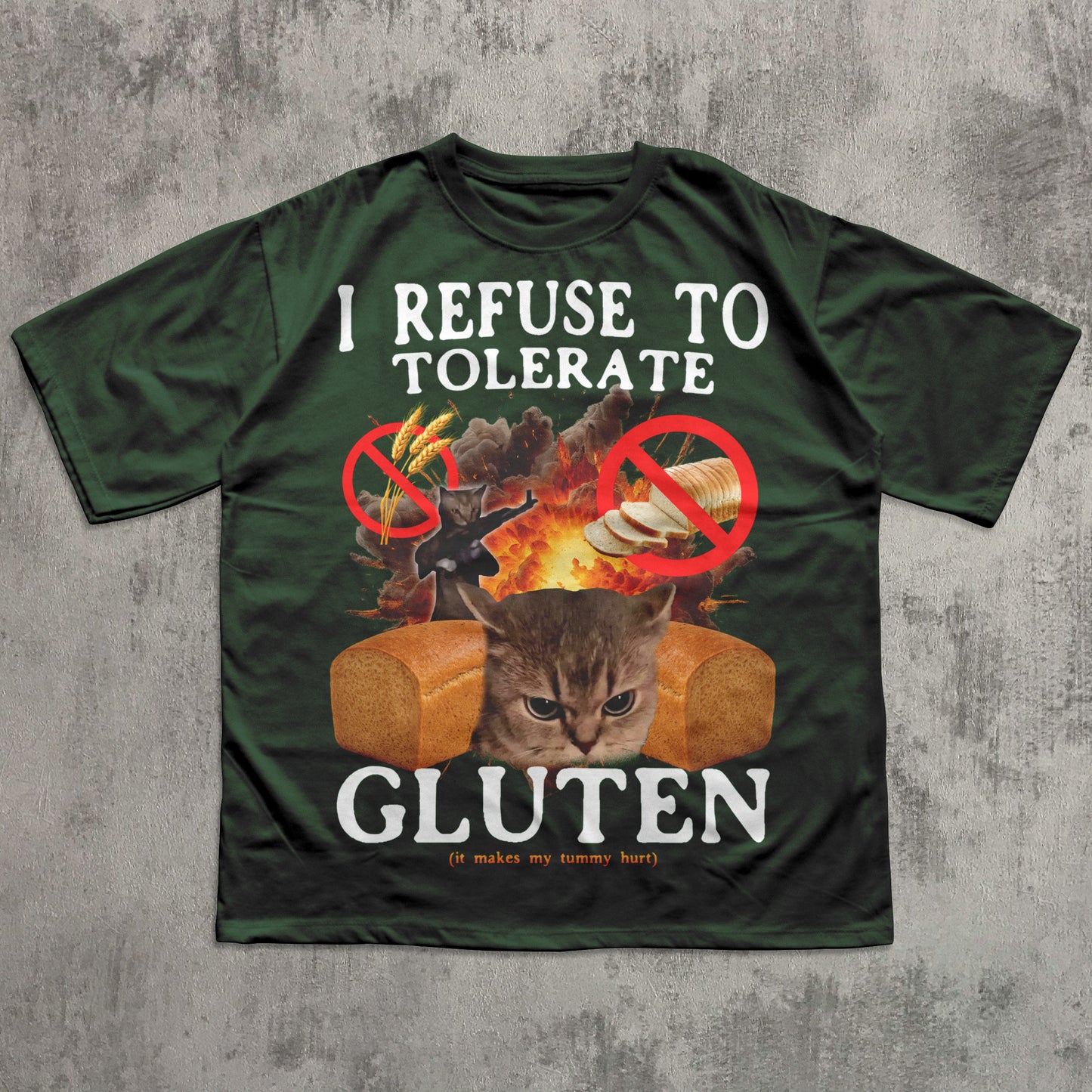 Green t-shirt with a cat graphic and text on a textured gray background