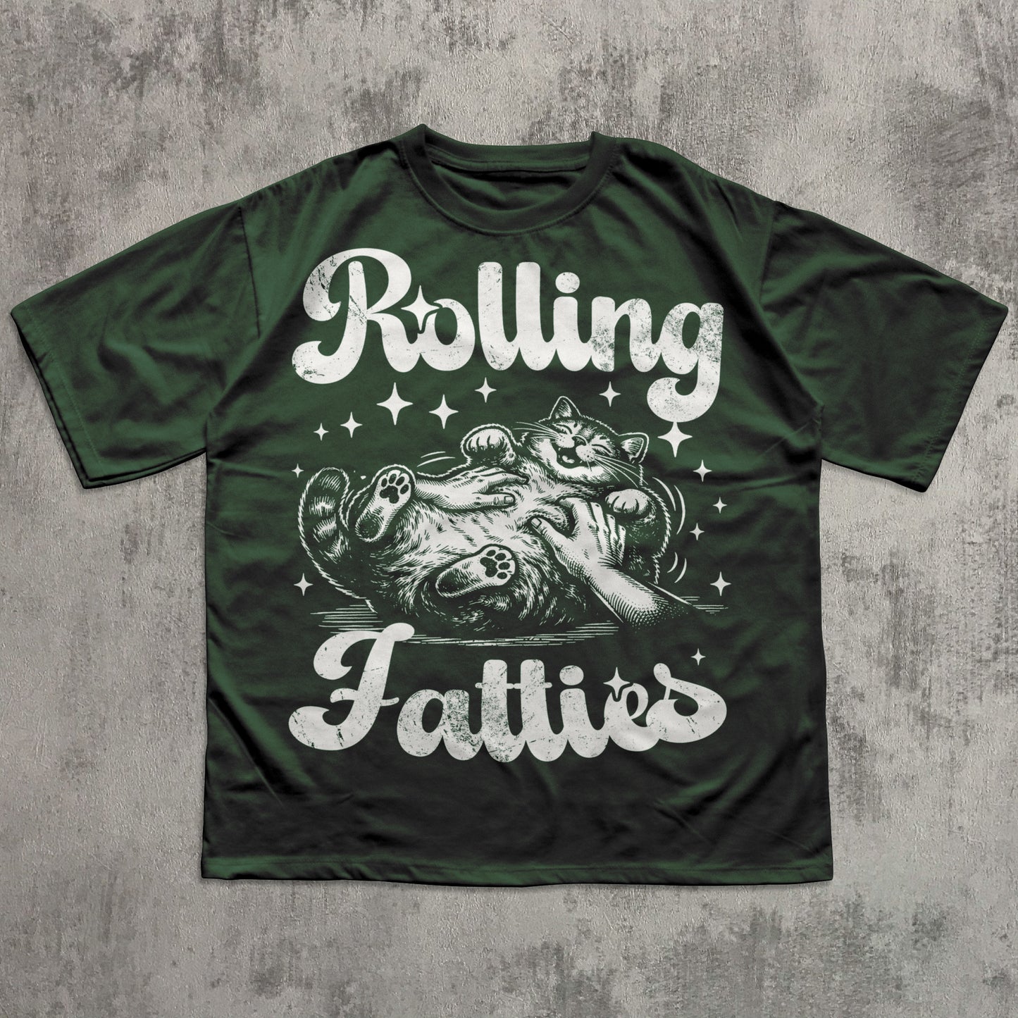Green t-shirt with graphic design and text on a textured gray background