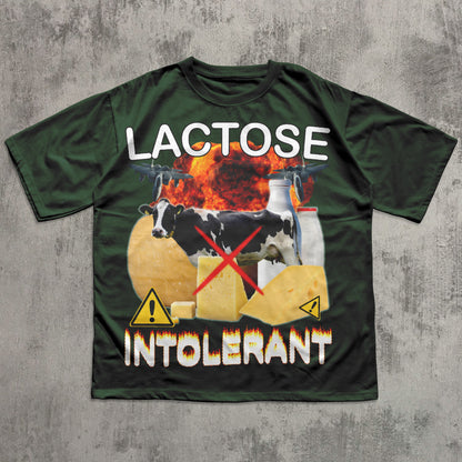 Green t-shirt with graphic design and text on a textured gray background