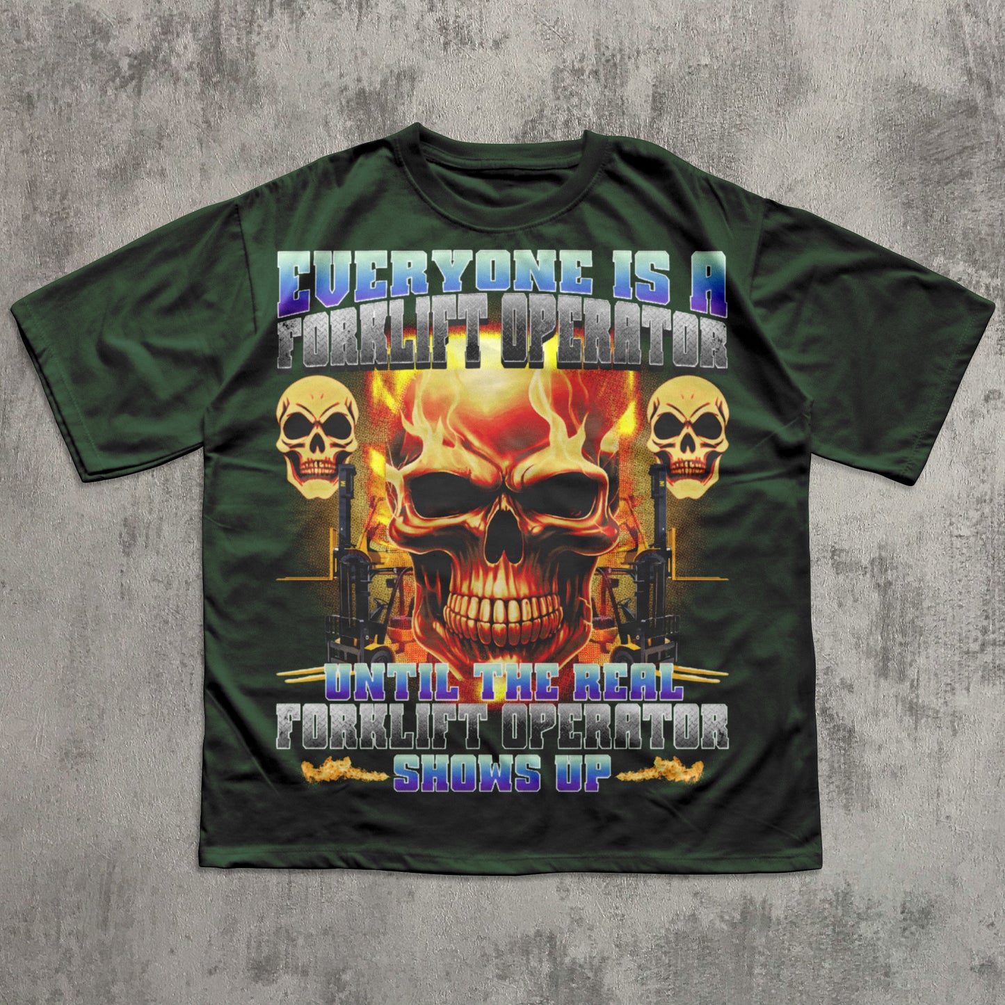 Green t-shirt with a skull design and text on a gray textured background