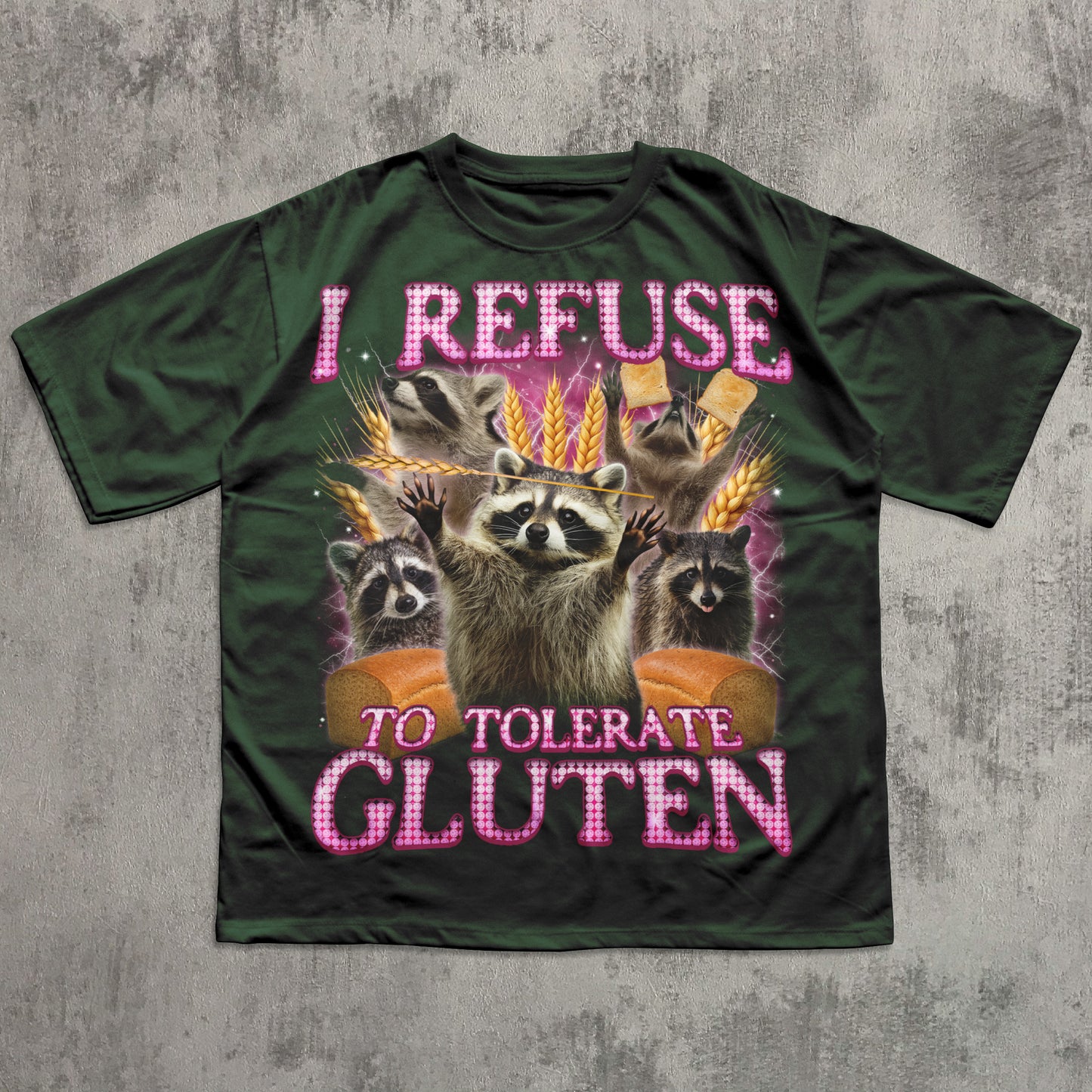 Green Gluten intolerance graphic tee featuring raccoons and humorous gluten-free quote