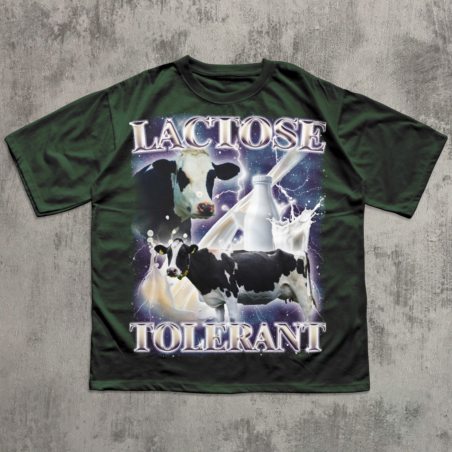 Funny Green t-shirt with cow graphic and 'Lactose Tolerant' text on a concrete surface