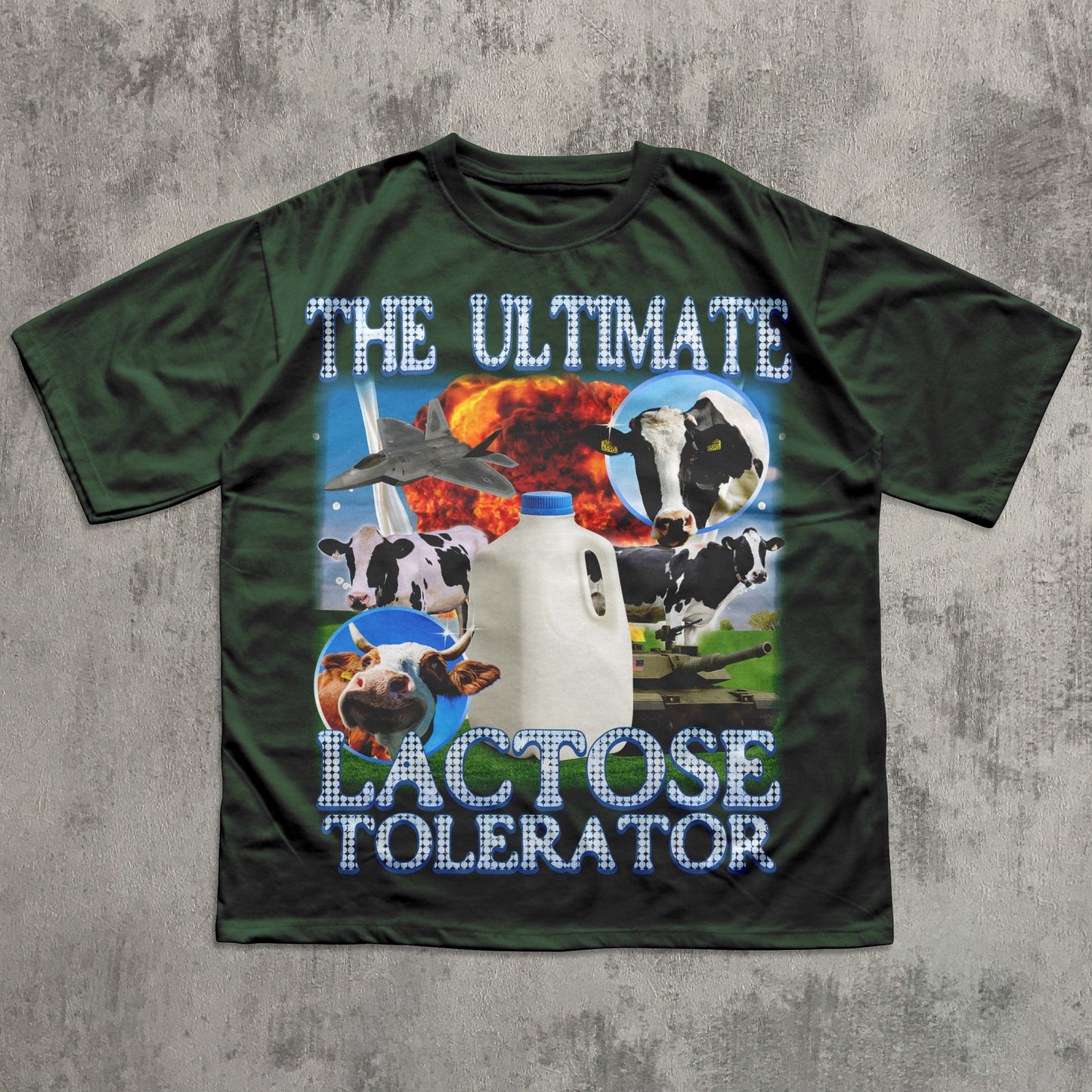 Green t-shirt with cow and milk design on a textured gray background