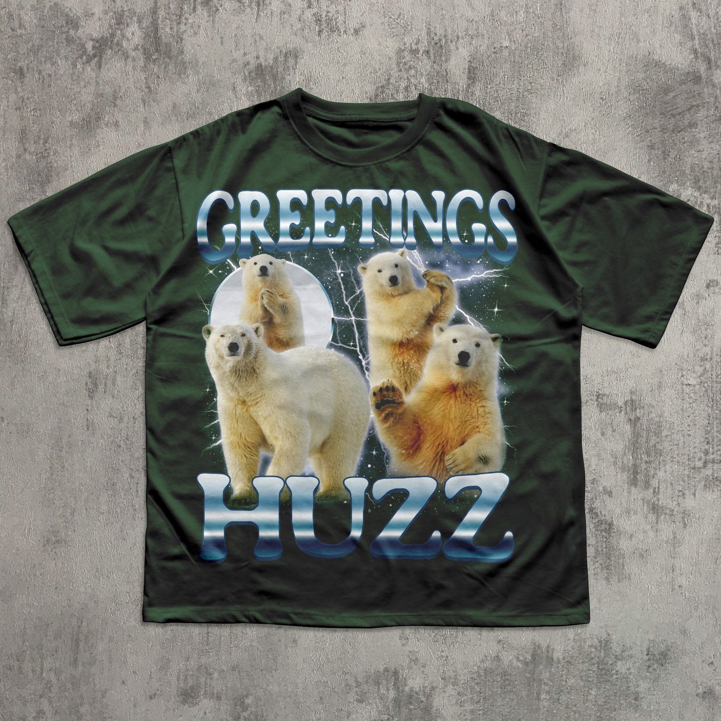 Green t-shirt with polar bear design and text on a textured gray background