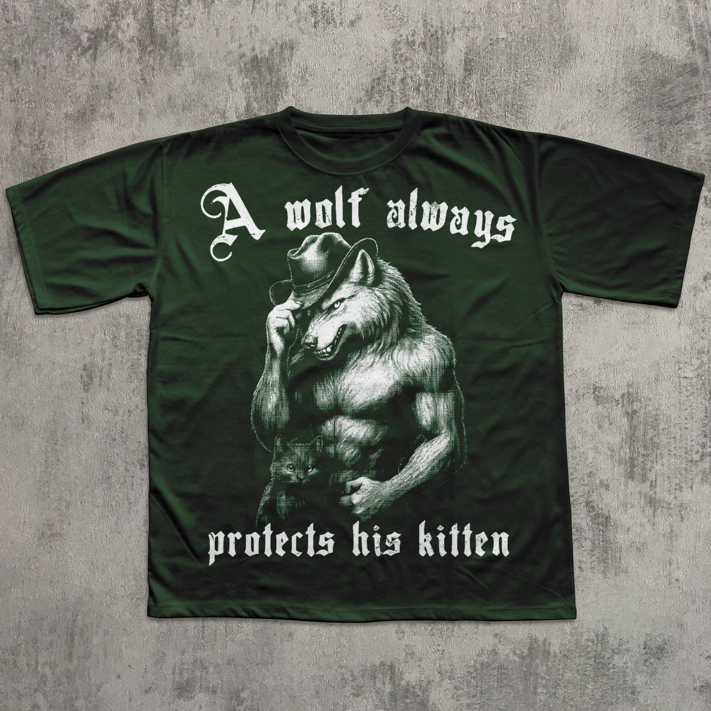 Green t-shirt with a graphic of a wolf wearing a cowboy hat and text on a textured gray background