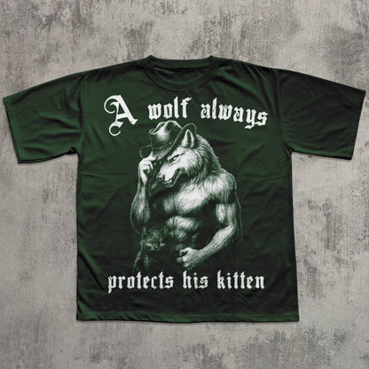 Green t-shirt with a graphic of a wolf wearing a cowboy hat and text on a textured gray background
