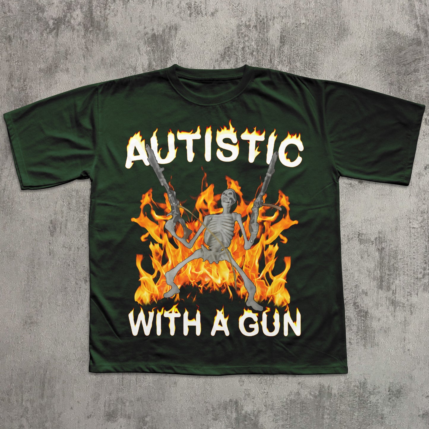 Green t-shirt with a graphic design featuring flames, a skeleton, and text on a concrete background
