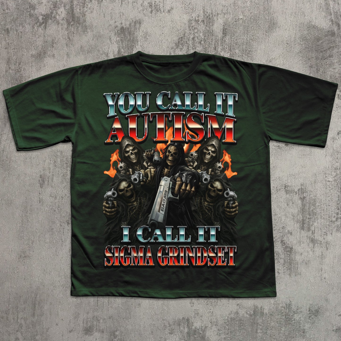 Green t-shirt with graphic design and text on a textured gray background