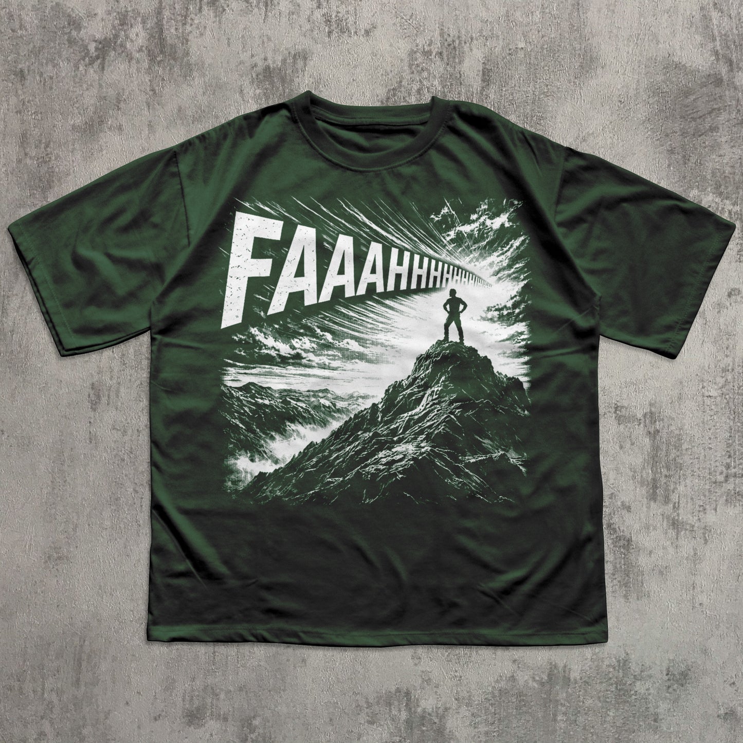 Green t-shirt with graphic design and 'FAAAHHH' text on a textured gray background