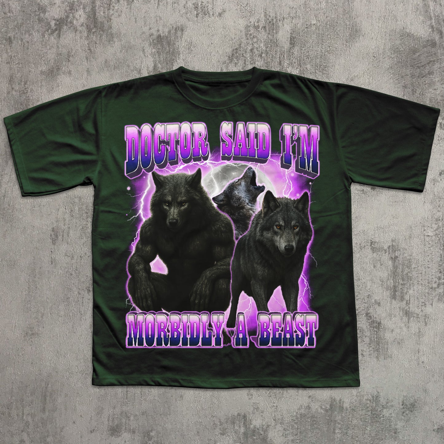 Green Funny wolf graphic T-shirt with muscular wolf artwork, purple lightning background, and meme text ‘Doctor said I’m morbidly a beast.’ Novelty wolf shirt for fans of gothic, fantasy, or meme apparel.