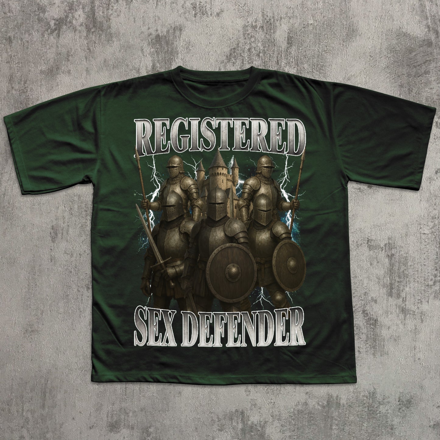 Green t-shirt with warrior graphic and text 'Registered Sex Defender' on a textured gray background