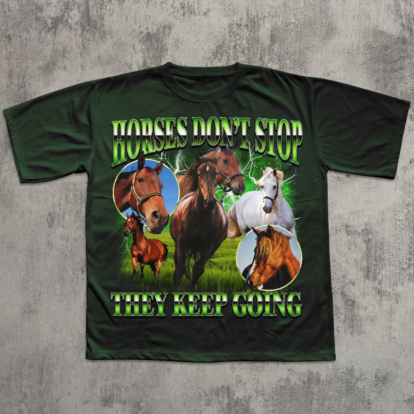 Green t-shirt with horse graphic and text on a textured gray background
