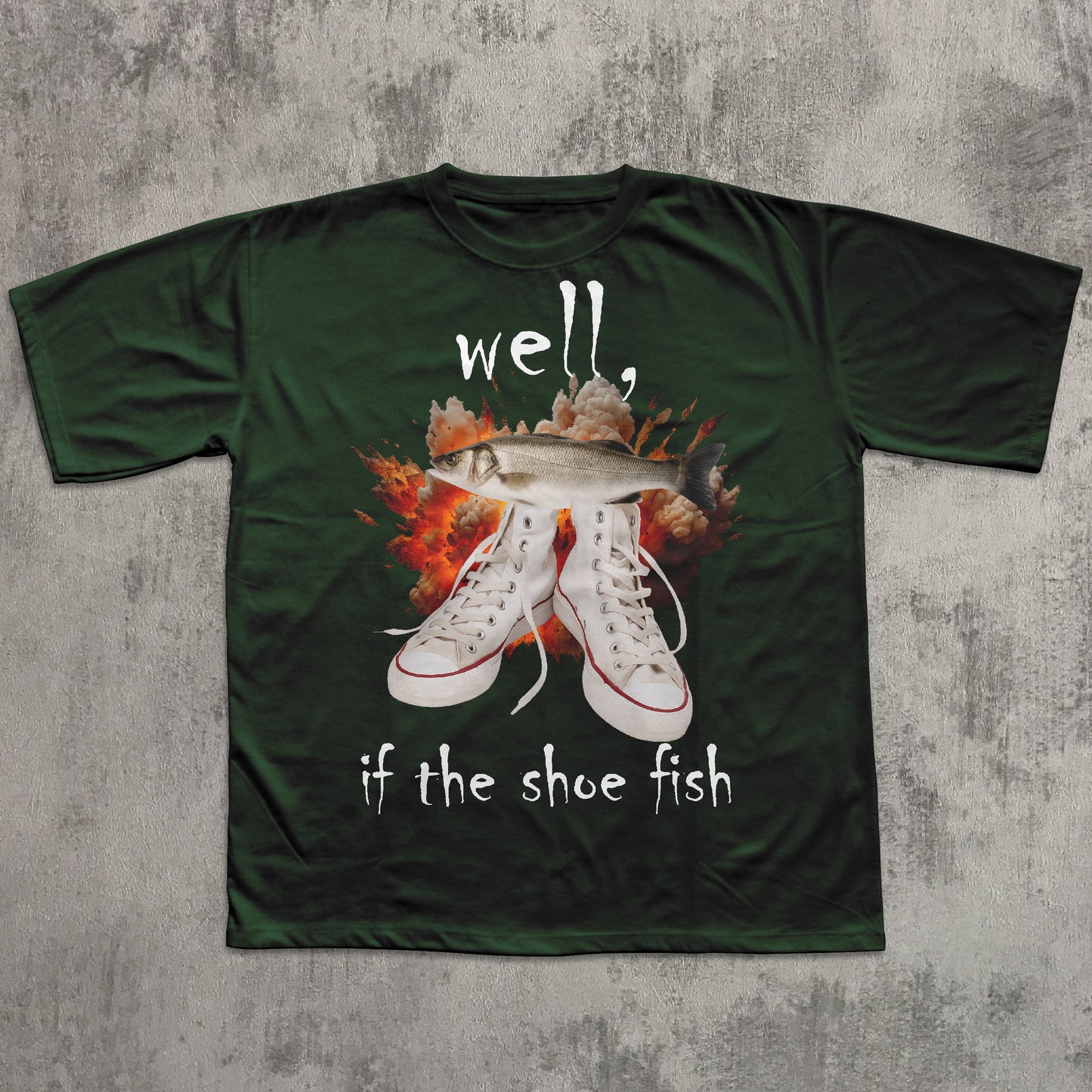 Green t-shirt with graphic design and text on a textured gray background