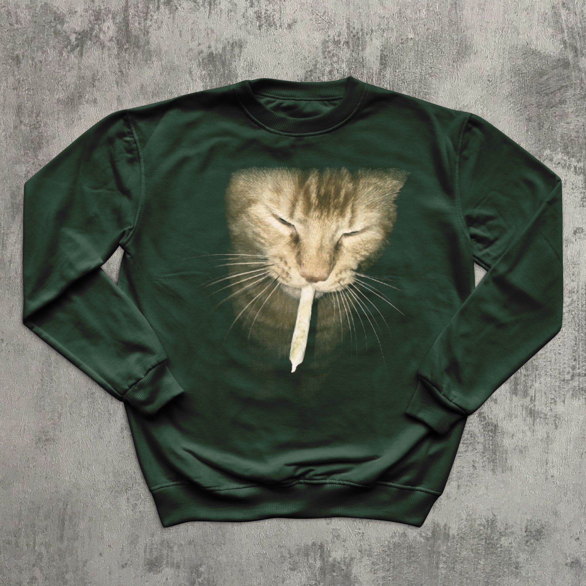 green sweatshirt with a cat graphic on a textured gray background