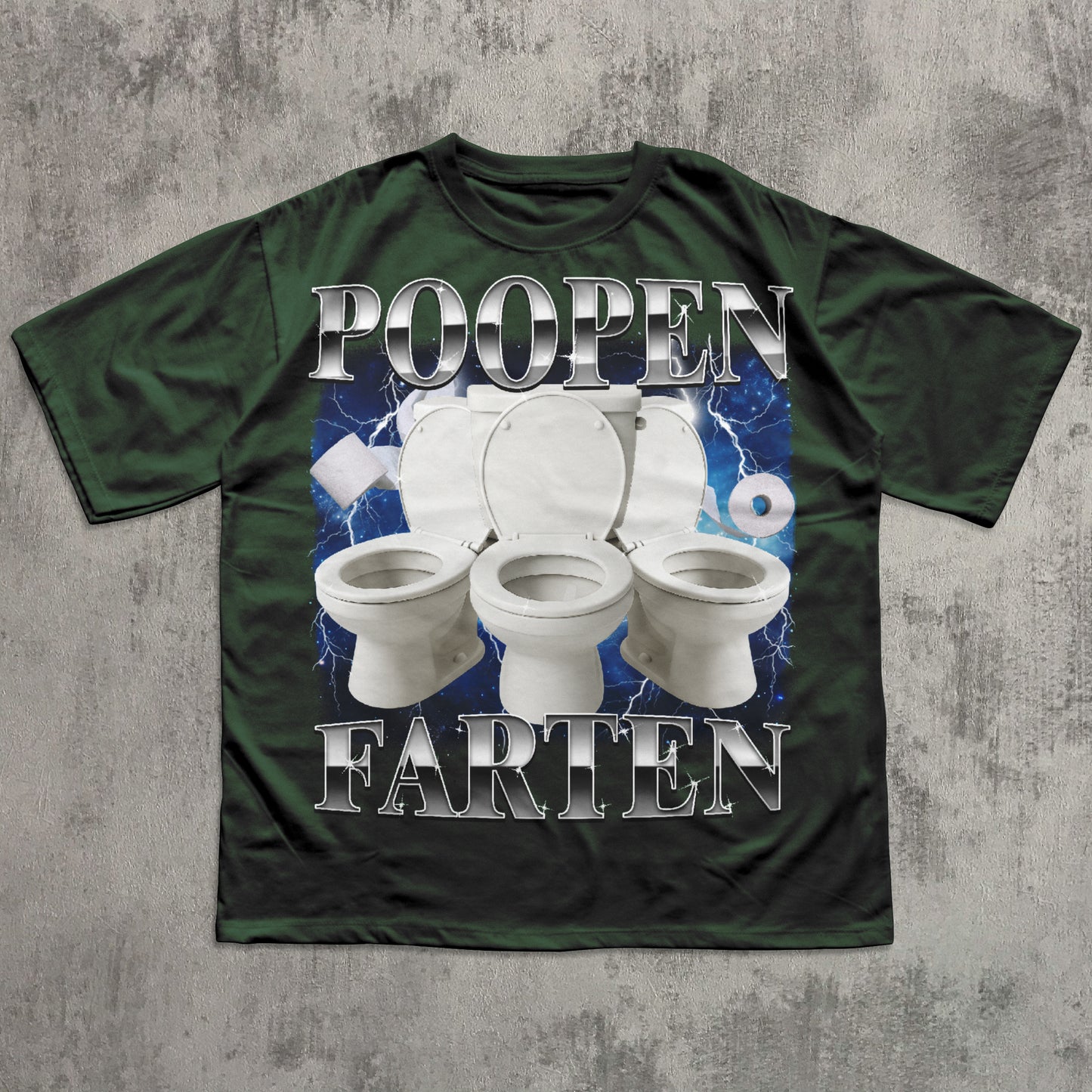 Green t-shirt with a graphic of toilets and text on a textured gray background
