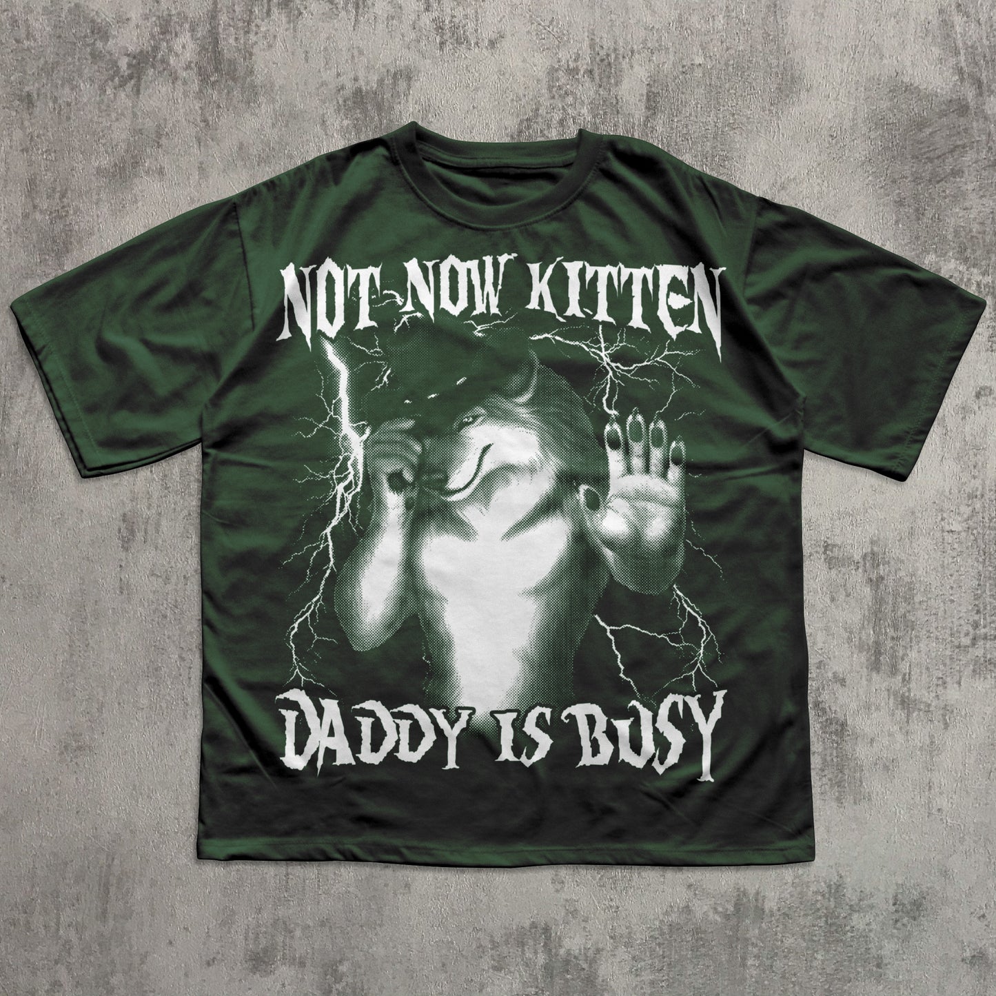 Funny Green t-shirt with graphic design and text on a textured gray background