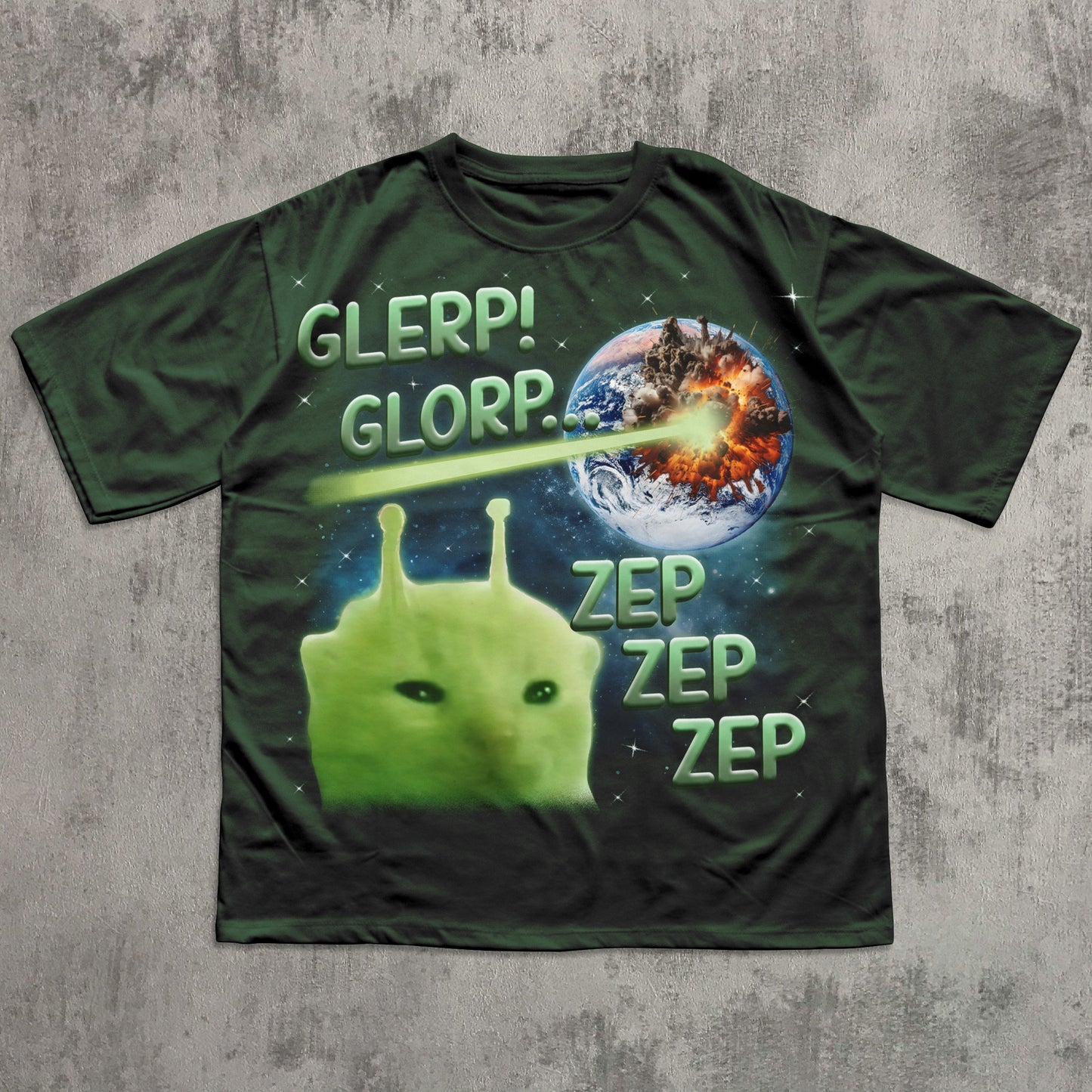 T-shirt with alien design and text on a textured gray background