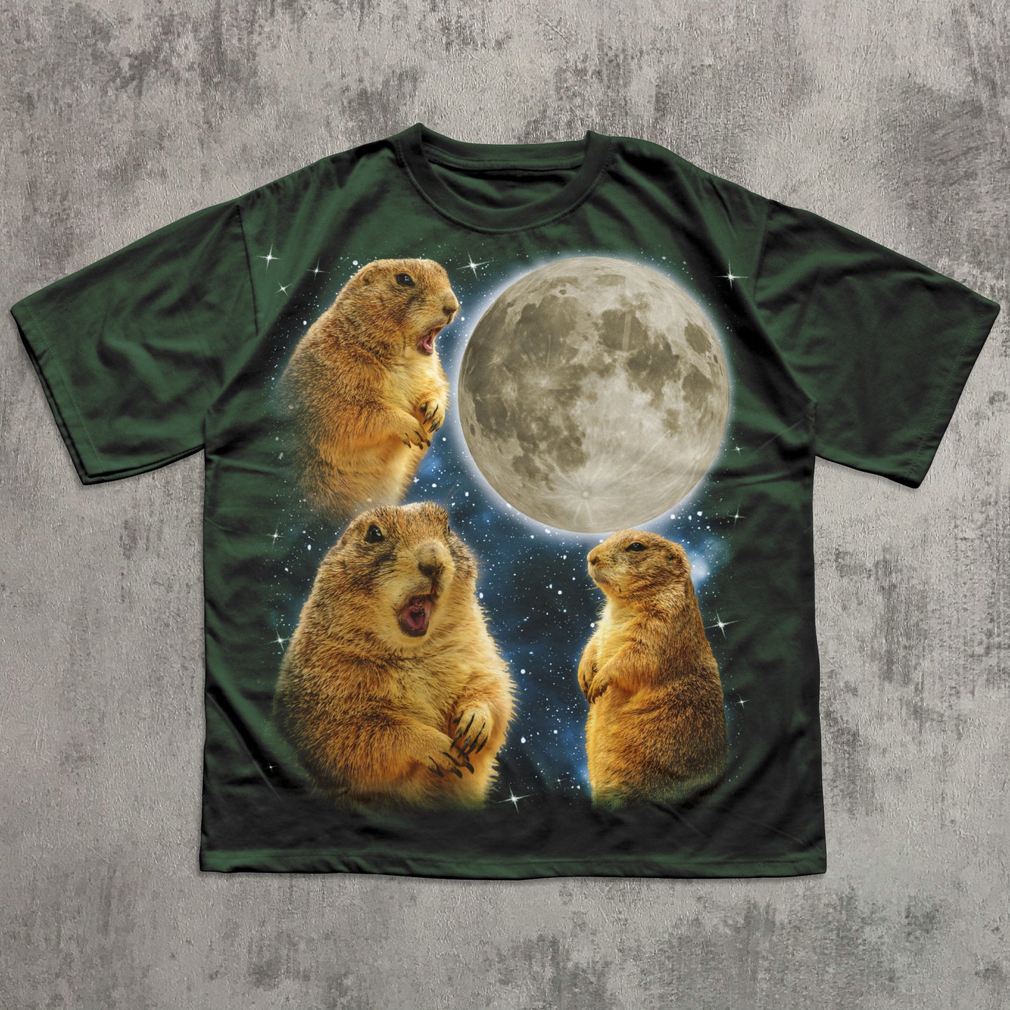 T-shirt with prairie dogs and a moon graphic on a textured gray background